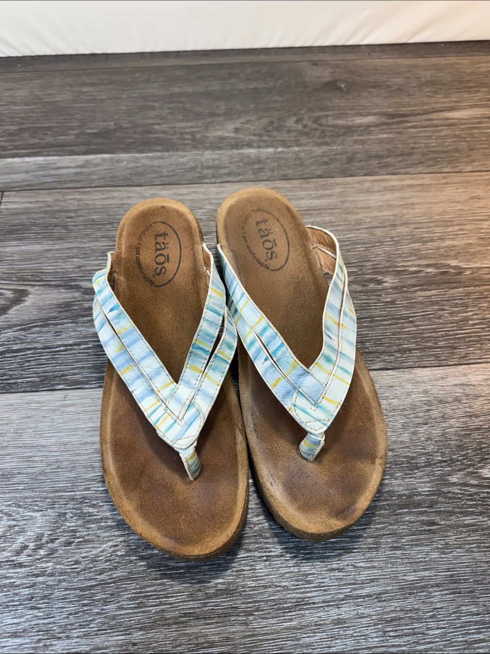 Taos Footwear Blue & Yellow Plaid Women's leather sandals Sz 9-9.5 (h192)
